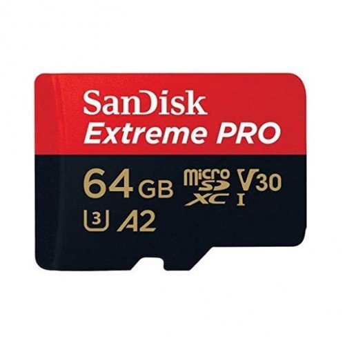 SanDisk Extreme PRO 64GB 200MB/s microSDXC UHS-I Memory Card Price in BD - Black and red micro SDXC card paired with a companion SD card adapter