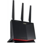 ASUS RT-AX86U AX5700 Dual Band WiFi 6 Gaming Router Price in BD - ASUS RT-AX86U Wi-Fi 6 gaming router with 3 external antennas and vertical stand.