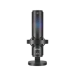 Boya K9 RGB USB Microphone Price in BD - Front view of Boya K9 USB desktop microphone with RGB lighting on desktop stand.
