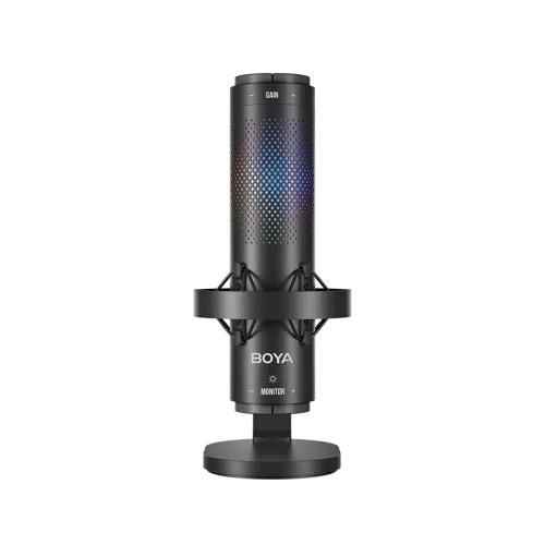 Boya K9 RGB USB Microphone Price in BD - Front view of Boya K9 USB desktop microphone with RGB lighting on desktop stand.