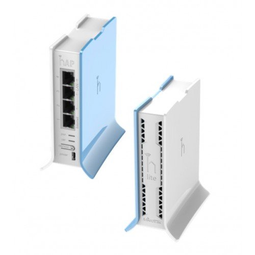 Mikrotik RB941-2nD-TC (HAP lite TC) Small Home Router Price in BD - Compact white and blue Mikrotik hAP lite TC router with 4 ethernet ports and tower chassis.