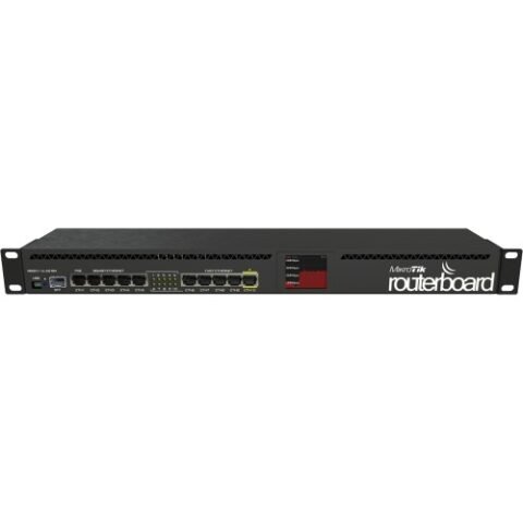 Mikrotik RB2011UiAS-RM Gigabit Ethernet Router Price in BD - Front view of Mikrotik RB2011UiAS-RM 1U rackmount router showing 10 Ethernet ports, SFP port, and LCD display.