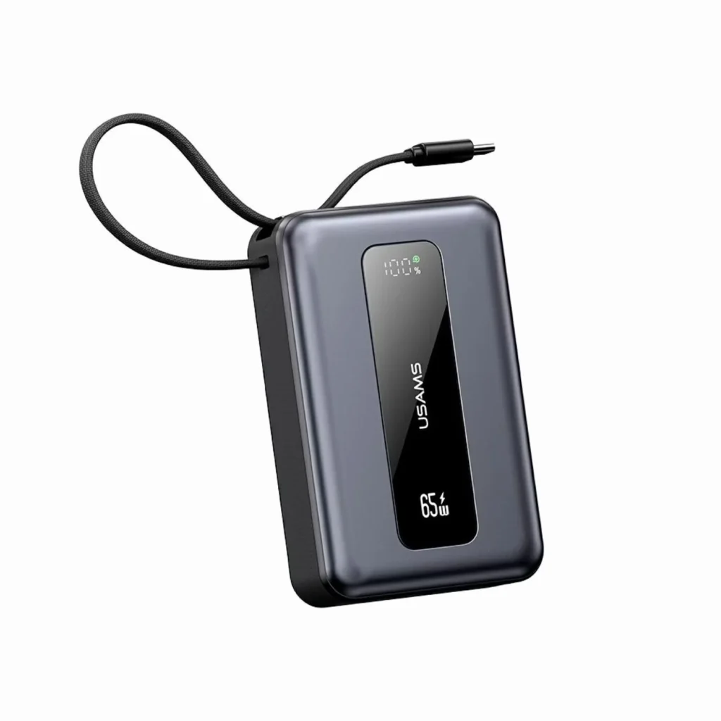 USAMS CD243 65W 20000mAh Fast Charging Power Bank Price in Bangladesh - High-capacity laptop power bank with built-in cable and LED display