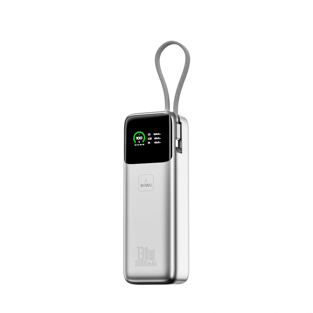 WiWU PM301 Power Mega 130W Fast Charge Power Bank Price in Bangladesh - Heavy-duty laptop power bank with TFT display and built-in cable