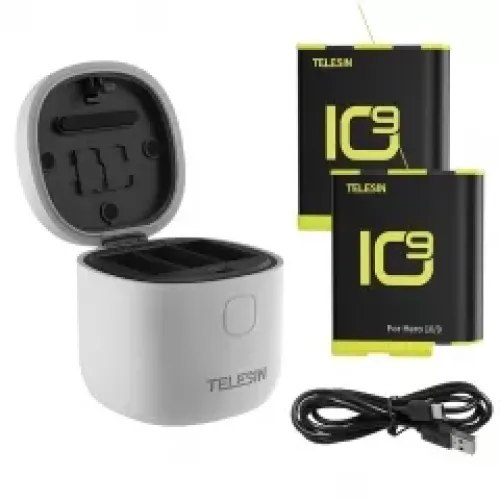 TELESIN Allin BOX Portable Storage Charger for GoPro Hero 9/10/11 Price in BD - Compact grey 3-slot battery charger and storage box with USB-C port