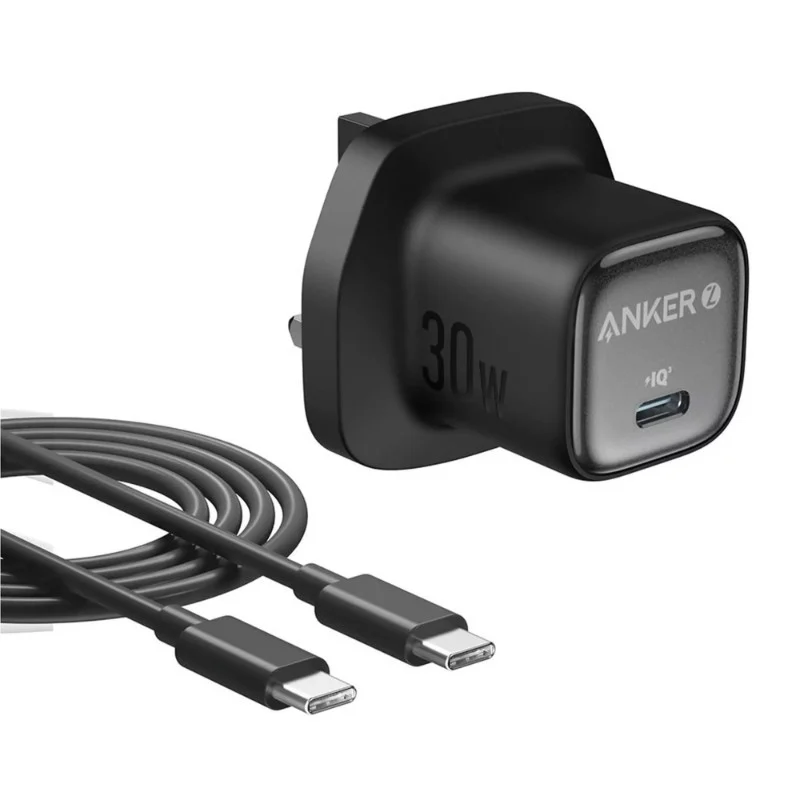 Anker Zolo 30W PD 3.0 Charger with C Cable 1M Black Price in BD - Compact black wall charger plug paired with a 1-meter Type-C cable