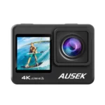 AUSEK AT-Q60TR Combo 4K dual screen action camera featuring external microphone and wireless wrist remote control