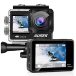AUSEK AT-Q60TR Combo 4K dual screen action camera featuring external microphone and wireless wrist remote control