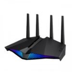 ASUS RT-AX82U AX5400 Dual-Band WiFi 6 Gaming Router Price in BD - Sleek black gaming router design featuring vibrant front Aura RGB lighting bars and four external antennas.