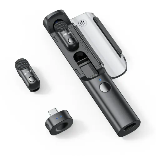 BOYA Magic-03 AI-Powered Transformable Wireless Microphone Price in BD - BOYA Magic-03 transformable transmitters, dual receivers, and charging case.