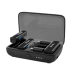 BOYA BOYALINK 2 2-Person Wireless Microphone System Price in BD - BOYA BOYALINK 2 two transmitters, receiver with swappable adapters, and charging case.