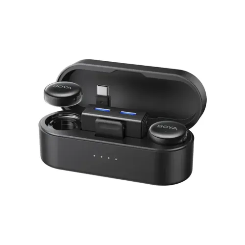 Boya BOYALINK 3 AI-Powered Button Wireless Microphone System Price in BD - Boya BOYALINK 3 button-sized transmitters, receiver adapters, and charging case.
