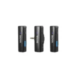 Boya BOYALINK A2 All-In-One Design Wireless Microphone System Without Charging Case Price in BD - Front view of Boya BOYALINK A2 transmitters, receiver, and interchangeable connectors.