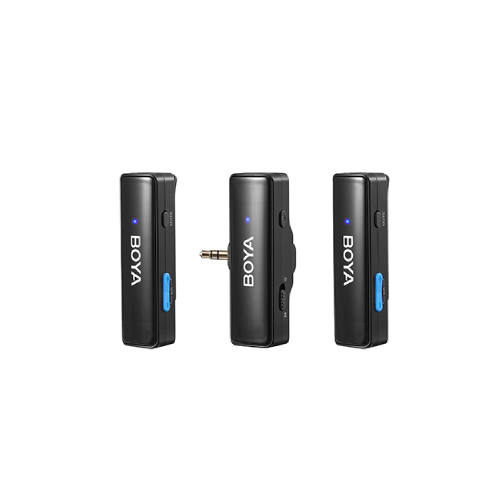 Boya BOYALINK A2 All-In-One Design Wireless Microphone System Without Charging Case Price in BD - Front view of Boya BOYALINK A2 transmitters, receiver, and interchangeable connectors.