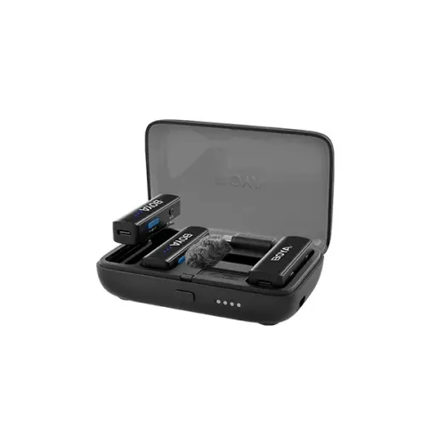 BOYA Boyalink C2 Compact Wireless Microphone System Price in BD - Transmitters, receiver adapters, and charging case of BOYA Boyalink C2 wireless mic setup.