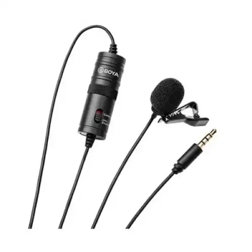 Boya BY-M1 Omnidirectional Lavalier Microphone Price in BD - Front view of original Boya BY-M1 clip-on lavalier mic with 6m cable and packaging box.