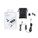 Boya BY-M1 Pro II 3.5mm Lavalier Microphone Price in BD - Front view of Boya BY-M1 Pro II 3.5mm lavalier clip-on mic with 6m cable and packaging box.