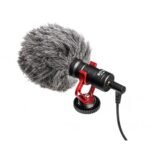 Boya BY-MM1 Compact On-Camera Video Microphone Price in BD - Black metal shotgun microphone with shock mount and furry windshield.