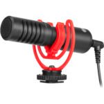 Boya BY-MM1+ Super-cardioid Condenser Shotgun Microphone Price in BD - Front view of Boya BY-MM1+ shotgun microphone with furry windscreen and shock mount.