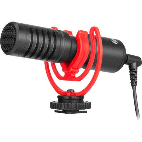 Boya BY-MM1+ Super-cardioid Condenser Shotgun Microphone Price in BD - Front view of Boya BY-MM1+ shotgun microphone with furry windscreen and shock mount.