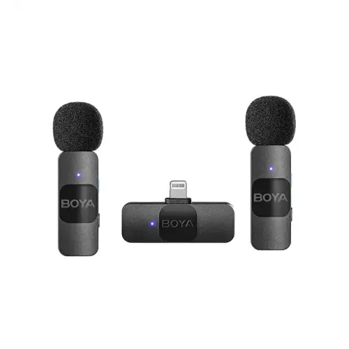 BOYA BY-V2 Ultracompact 2.4GHz Wireless Microphone System for iOS Device Price in BD - Front view of BOYA BY-V2 dual transmitters and Lightning receiver module.