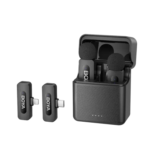 by-v3-combo-02-500x500 The Boya BY-V3 Combo is an ultracompact dual-channel 2.4GHz wireless microphone system featuring dual transmitters, Type-C and Lightning connectivity options, one-click noise cancellation, and a portable charging case. Dual-transmitter setup (2 TX + 1 RX) for two-person interviews and mobile vlogs. Compatible with both iOS Lightning and Android USB-C mobile devices. 2.4GHz wireless transmission with up to a 100-meter operating range. One-click environmental noise cancellation mode for crystal-clear vocals. Long battery life offering up to 9 hours of continuous operation per charge. Fast nationwide doorstep delivery via Steadfast Courier.