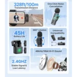 The BOYA BY-V30 is an ultracompact 2.4 GHz dual-channel wireless microphone system featuring two transmitters, active noise reduction, and up to 9 hours of battery life. Dual-channel 2.4GHz system with 2 clip-on transmitters for 2-person recording. One-touch active noise reduction (NR) to suppress unwanted background ambient noise. Stable digital wireless transmission range up to 50 meters (164 ft). Up to 9 hours of continuous battery life per transmitter charge. Pass-through charging port on receiver lets you power your phone while recording. Instant plug-and-play setup for mobile devices and laptops. Fast nationwide doorstep delivery via Steadfast Courier.