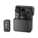 BOYA BY-V35 2.4 GHz Dual-Channel Wireless Microphone For Camera Price in BD - Front view of BOYA BY-V35 transmitters, 3.5mm camera receiver, and charging case.