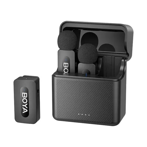 BOYA BY-V35 2.4 GHz Dual-Channel Wireless Microphone For Camera Price in BD - Front view of BOYA BY-V35 transmitters, 3.5mm camera receiver, and charging case.