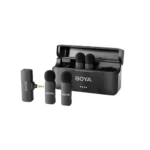 BOYA BY-V4 4-Channel Mini Wireless Microphone System Price in BD - BOYA BY-V4 four mini transmitters, 3.5mm TRS receiver, and charging case.