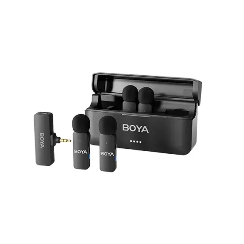 BOYA BY-V4 4-Channel Mini Wireless Microphone System Price in BD - BOYA BY-V4 four mini transmitters, 3.5mm TRS receiver, and charging case.