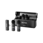 BOYA BY-V4U 2.4GHz 4-Channel Mini Wireless Microphone System Price in BD - BOYA BY-V4U four wireless transmitters, USB-C receiver, and charging case.