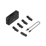 BOYA BY-V4U 2.4GHz 4-Channel Mini Wireless Microphone System Price in BD - BOYA BY-V4U four wireless transmitters, USB-C receiver, and charging case.