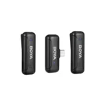 BOYA BY-WM3T2-U2 Mini 2.4GHz Dual-Channel Wireless Microphone Price in BD - Black dual clip-on wireless transmitters and USB-C mobile receiver.