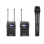 BOYA BY-WM8 Pro-K4 UHF Dual-Channel Wireless Microphone System Price in BD - Handheld mic, bodypack transmitter, lavalier mic, and dual receiver in a hard case.