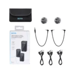 Boya BY-WMic5-M2 Ultracompact 2.4GHz Dual-Channel Wireless Microphone System Price in BD - Boya BY-WMic5-M2 transmitters, receiver, and windshield accessories.