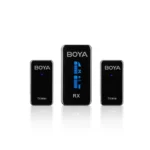Boya BY-XM6-S2 Mini 2.4GHz Dual-Channel Wireless Microphone System Price in BD - Boya BY-XM6-S2 Mini dual transmitters, OLED receiver, and audio cable accessories.
