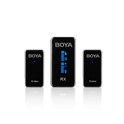 Boya BY-XM6-S2 Mini 2.4GHz Dual-Channel Wireless Microphone System Price in BD - Boya BY-XM6-S2 Mini dual transmitters, OLED receiver, and audio cable accessories.
