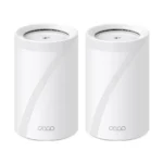 TP-Link Deco BE65 BE11000 Tri-Band WiFi 7 Mesh Router (2-Pack) Price in BD - Two sleek white cylindrical TP-Link Deco BE65 Wi-Fi 7 mesh router units.