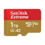 SanDisk Extreme 1TB 190MB/s microSDXC UHS-I Memory Card Price in BD - Gold and red micro SDXC card featuring 1TB capacity and 190MB/s transfer speed rating