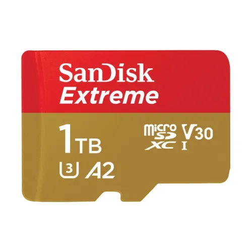SanDisk Extreme 1TB 190MB/s microSDXC UHS-I Memory Card Price in BD - Gold and red micro SDXC card featuring 1TB capacity and 190MB/s transfer speed rating