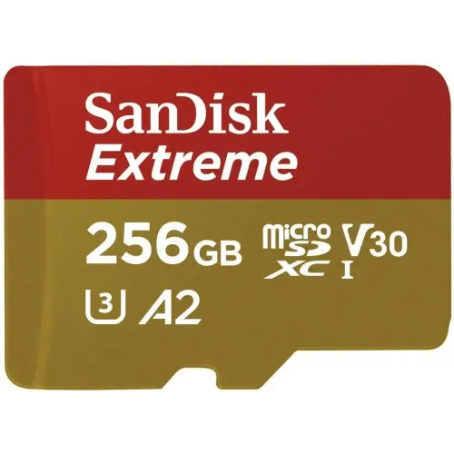 SanDisk Extreme 256GB 190MB/s microSDXC UHS-I Memory Card Price in BD - Gold and red micro SDXC card featuring 190MB/s transfer speed rating and 256GB capacity