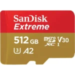 SanDisk Extreme 512GB 190MB/s microSDXC UHS-I Memory Card Price in BD - Gold and red micro SDXC card featuring 512GB capacity and 190MB/s transfer speed rating