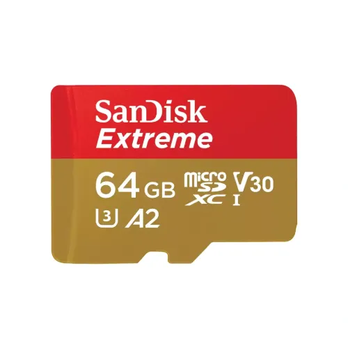 SanDisk Extreme 64GB 170MB/s microSDXC UHS-I Memory Card Price in BD - Gold and red micro SDXC card featuring 64GB capacity and 170MB/s transfer speed rating
