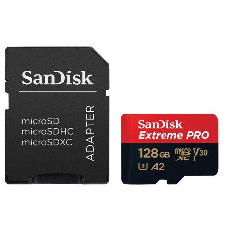 SanDisk Extreme PRO 128GB 200MB/s microSDXC UHS-I Memory Card Price in BD - Black and red micro SDXC card paired with a companion SD card adapter