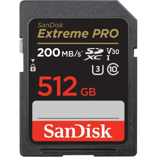 SanDisk Extreme PRO 512GB 200MB/s SDXC UHS-I Memory Card Price in BD - Black and gold full-size SDXC memory card featuring 512GB capacity and 200MB/s transfer speed rating