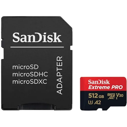 SanDisk Extreme PRO 512GB 200MB/s microSDXC UHS-I Memory Card Price in BD - Black and red micro SDXC card with adapter featuring 512GB capacity and 200MB/s speed rating