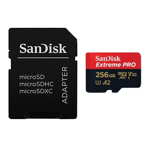 SanDisk Extreme PRO 256GB 200MB/s microSDXC UHS-I Memory Card Price in BD - Black and red micro SDXC card with adapter featuring 256GB capacity and 200MB/s speed rating