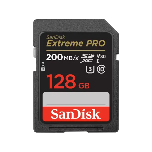 SanDisk Extreme PRO 128GB 200MB/s SDXC UHS-I Memory Card Price in BD - Black and gold full-size SDXC memory card featuring 200MB/s transfer speed rating and 128GB capacity
