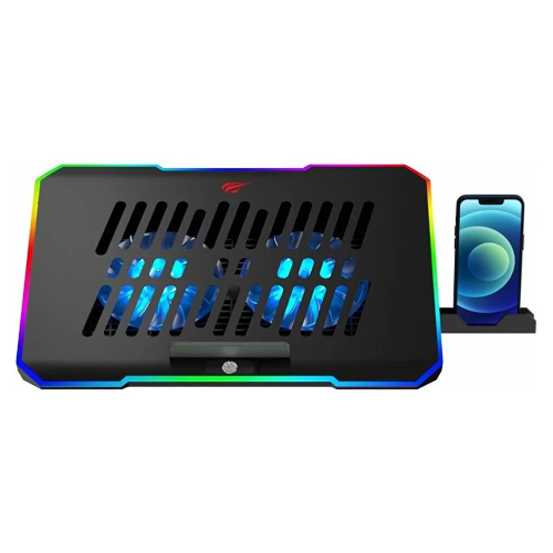 Havit Gamenote F2069 RGB Gaming Laptop Cooling Pad Price in BD - Front view of Havit Gamenote F2069 RGB gaming laptop cooling pad with dynamic lighting